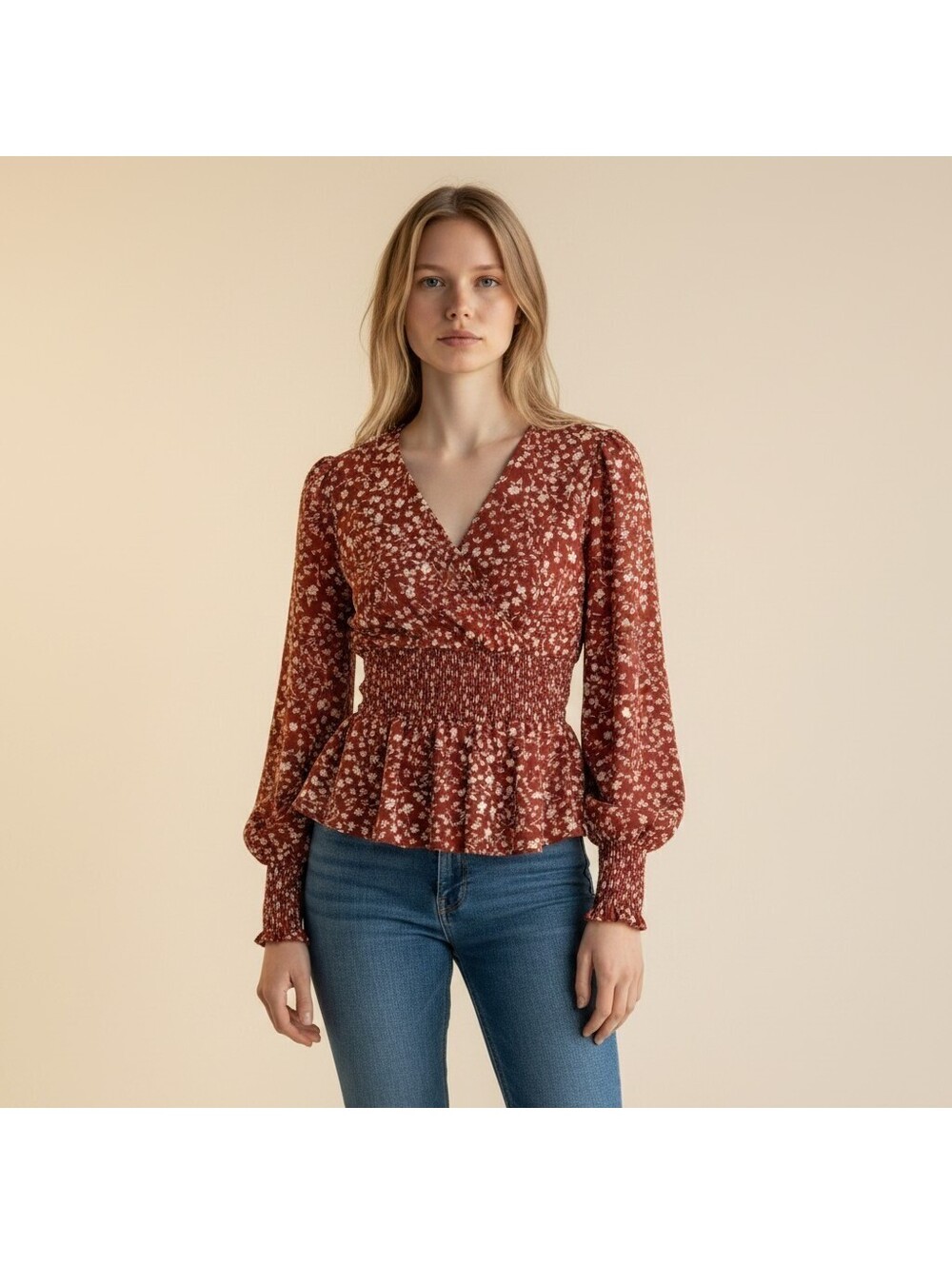 SheIn Blouse Women S Small Red Floral V-Neck Long Sleeve Elastic Waist Casual